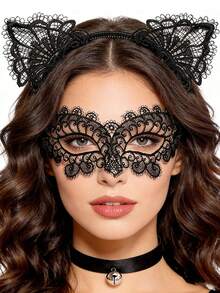 3pcs Lady Cat Theme Set (Cat Headband, Lace Eyeshade, Bell Collar) - Suitable For Female Pet Costumes, Cat-Themed Makeup Party - Multicolor - View 3