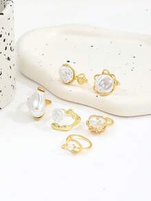 6枚复洛克风格仿珍珠戒指，不对称叠戴戒指套装，女士款 - 金色 - 查看 2