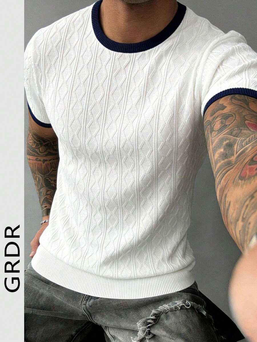 GRDR 男士撞色滚边纹理针织圆领短袖休闲T恤 - 白色 - 查看 1
