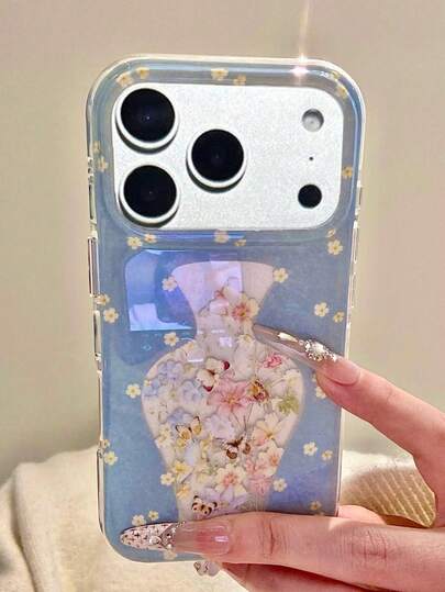 Funda de teléfono con mariposa floral con brillo minimalista y pantalla completa, compatible con iPhone 17 Pro Max, Air 16, 15, 14, 13, 12, 11 Pro Max Plus, con diseño de pintura azul de primavera y verano, a prueba de golpes