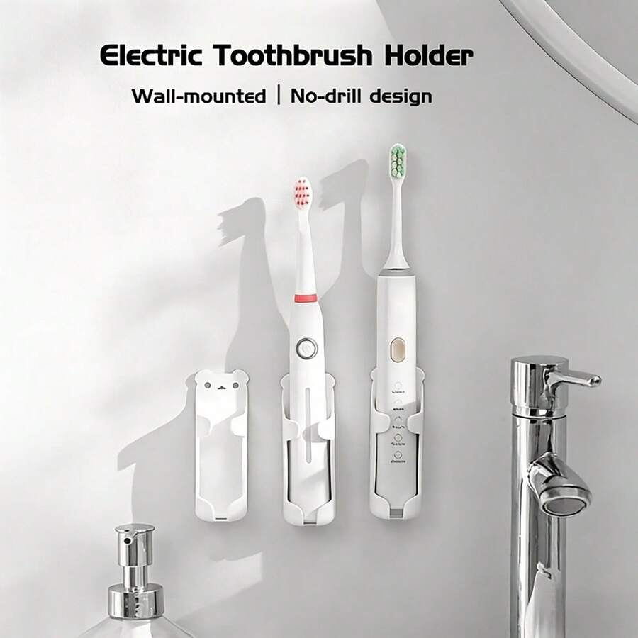 Bộ 2 giá đỡ bàn chải đánh răng điện hình gấu dễ thương, gắn tường không cần khoan, giải pháp lưu trữ đồ dùng thiết yếu cho phòng tắm và nhà cửa.