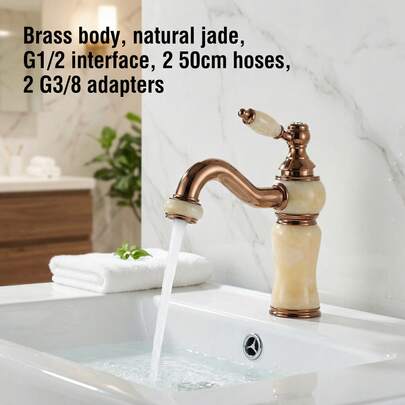 1 pièce Robinet de lavabo de salle de bain style vintage en faux marbre, couleur contrastée or rose brillant, mitigeur monotrou eau chaude et froide, entrée G1/2, 2 tuyaux de 50 cm, adaptateur G3/8