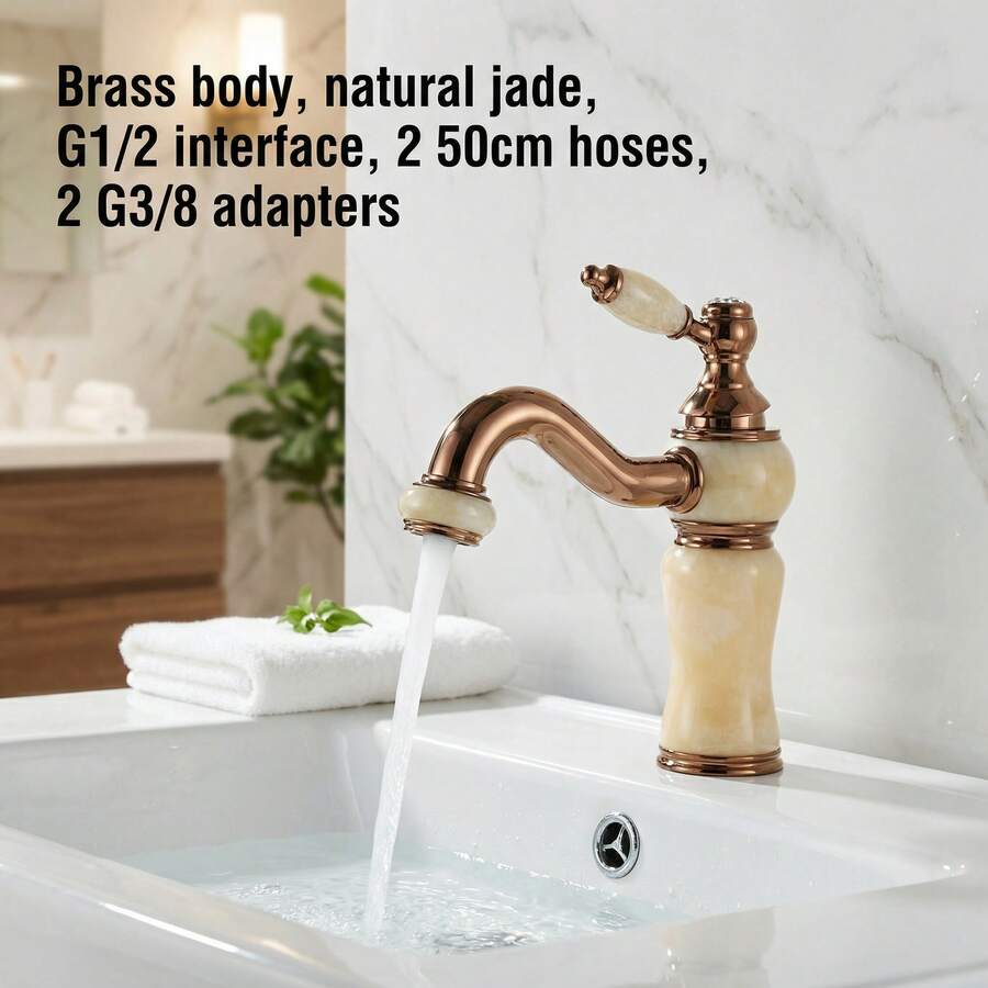 1个仿大理石撞色玫瑰金亮面复古风格浴室水槽龙头，单把手冷热水混合龙头，G1/2进水口，2根50厘米软管，G3/8转接头 - 玫瑰金 - 查看 1