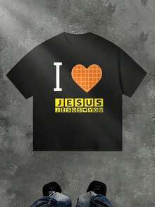 Camiseta de moda de nueva temporada de primavera y verano para la calle, Camiseta de algodón para hombre, Camiseta con diseño de gofre en forma de corazón "I Love Jesus, Jesus Loves You", Camiseta con letras, Camiseta religiosa, Regalo cristiano, Ropa casual para hombre, Camiseta de manga corta con cuello redondo para hombre. - Negro - Ver 6