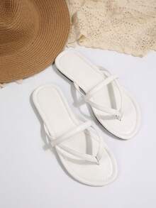 Women's Flip Flops, Casual Street Style Flat Sandals, Solid Color Outdoor Slip-On Beach Slippers, Spring/Summer New Arrival Thong Sandals, Round Toe Flat Slippers, Beach Lace-Up Sandals For Home & Beach - White - View 2