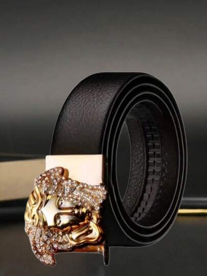 男士商务自动扣皮带，人像合金扣皮带，饰以金/银色水钻，适合正式场合、工作、节日、学校等场合。
