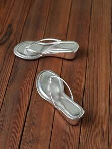 2026 Summer New Women's Thong Sandals, Fashion Office High Heel Mules, Casual Solid Color Wedge Thick Bottom Elegant Minimalist Slippers, Suitable For Dresses 971-1 - Silver - View 2