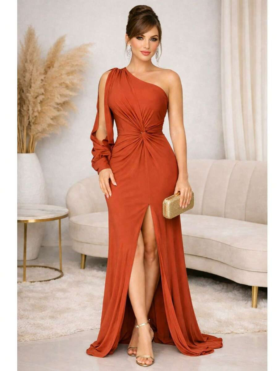 Bridesmaid Dress For Graduation Event Guests, Cheap, One Sleeve In Cold Fluity Knit, Fits M And G - Burnt Orange - View 1