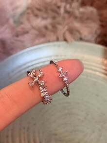 6pcs Fashionable Luxury Minimalist Delicate Heart & Star Copper Zirconia Adjustable Rings Set, Elegant For Casual, Party, Date Wear (No Gift Box) - Silver - View 7
