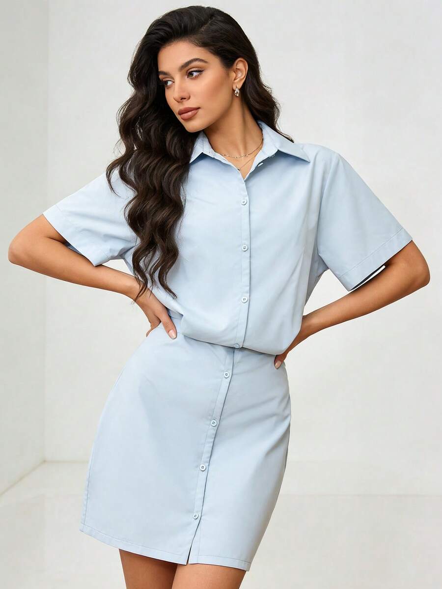 1pc Solid Color Elegant Casual Button-Up Short Sleeve Shirt Dress, Suitable For Office, Daily, Sports, Wedding, Date, Summer, Light Blue - Baby Blue - View 1