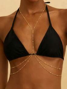 14K Gold Plated Women's Body Chain, Sexy Multi-Layer Waist Chain Crossed Bikini Bra Body Jewelry, Summer Beach Crystal Beads Decorations Women Accessories - Gold - View 1