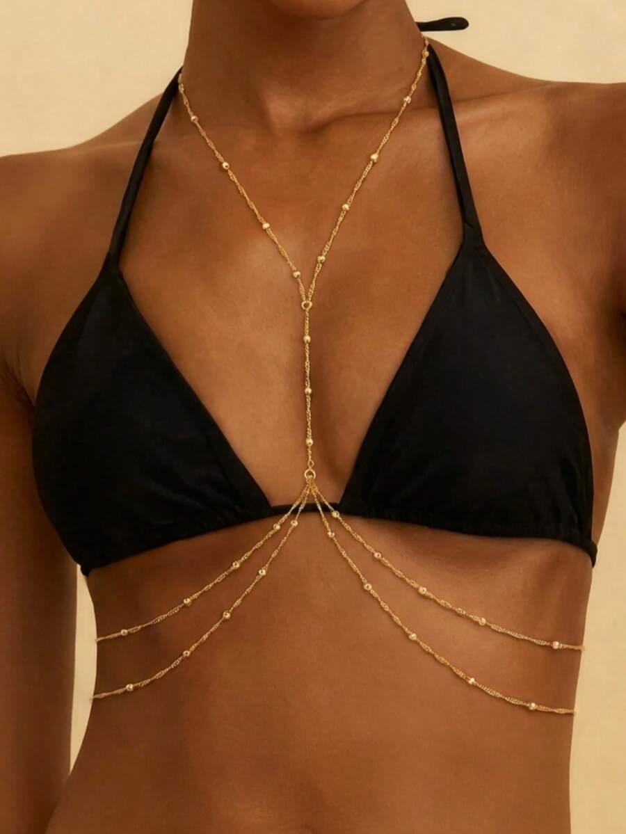14K Gold Plated Women's Body Chain, Sexy Multi-Layer Waist Chain Crossed Bikini Bra Body Jewelry, Summer Beach Crystal Beads Decorations Women Accessories - Gold - View 1