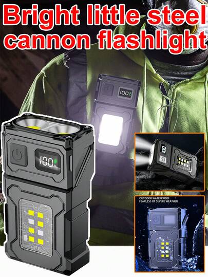 1 pieza Linterna táctica multiusos compacta - Luz de alta intensidad de doble LED de largo alcance + Luces laterales rojas, blancas y azules COB + Carga rápida tipo C + Indicador de nivel de batería + Clip de bolígrafo de acero inoxidable. Equipo de iluminación esencial para diversos escenarios como paseos nocturnos, paseos con mascotas, iluminación de puestos, mantenimiento de obras, emergencias vehiculares y búsqueda al aire libre.