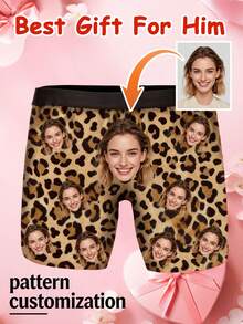 1pc Men's Customized Portrait Leopard Print Beige Comfortable Fit Playful Personalized Boxer Briefs, Romantic Valentine's Day Gift - Multicolor - View 4