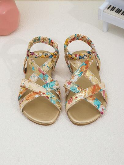1双波西米亚风金箔花卉女童凉鞋，编织弹力踝带交叉平底凉鞋，女童沙滩凉鞋，适合春夏日常穿着、海滩度假、公园野餐、艺术活动