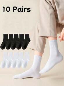 10 Pairs Kids & Youth Solid Color Crew Socks, Absorbent Sports Socks Suitable For School Outfit - Multicolor - View 7