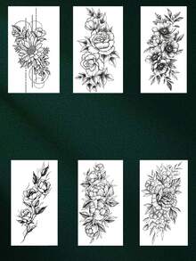 6片花卉图案半袖临时纹身贴纸，逼真持久，可用于腰部、腿部、手臂等部位，防水防汗，男女通用，可持续7-14天，易于粘贴和去除，可遮盖疤痕。 - 黑色 - 查看 7