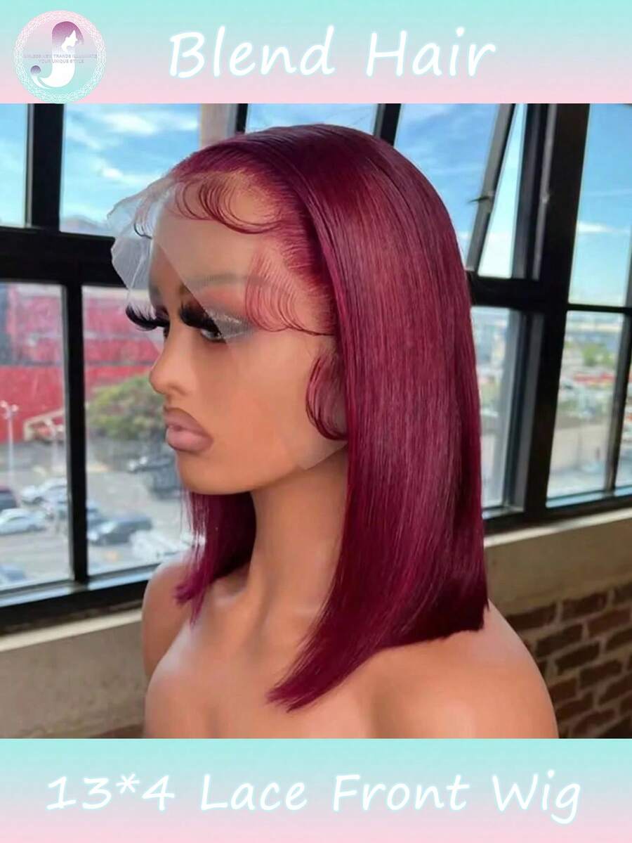 180%密度 99J 波波头假发，真人发混纺，13x4 透明蕾丝前额假发，酒红色蕾丝前额假发，预先拔毛，自然发际线，酒红色直发假发，适合女性，8-16 英寸（混纺假发 - 真人发和合成纤维混合）。真人发混纺假发/女士真人发混纺假发/真人发混纺蕾丝前额假发/无胶假发/漂白发结/预先拔毛/蕾丝假发/提升您的造型/增强自信/完美礼物