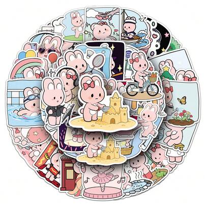 50张粉色兔子贴纸，可爱卡通贴纸，防水乙烯基贴纸，可用于装饰笔记本电脑、行李箱、滑板、日记本、手机壳、电脑、水瓶等。也可用于剪贴簿、文具、趣味贴纸和Kindle等。