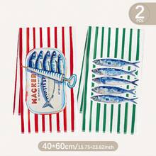 MEMNUN 2条夏季红绿条纹沙丁鱼罐头印花厨房巾，15.75*23.62英寸（40*60厘米），超柔软吸水超细纤维抹布，现代厨房装饰，烹饪烘焙必备，清洁用品，适用于餐厅、厨房、节日、所有季节 - 彩色 - 查看 12