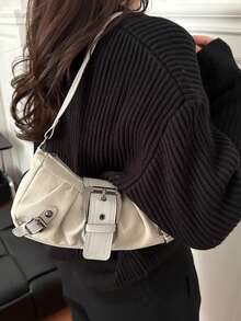 Sac à bandoulière polyvalent rétro avec décoration de ceinture et fermeture éclair sous les bras, nouveau petit sac à bandoulière  PU de couleur unie pour femmes - Blanc - Voir 2
