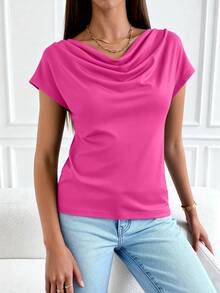 PRETTYGARDEN Women's Summer Clothes Tops Dressy Casual Clothing Cowl Neck Short Sleeve Blouses Business Work Office Shirts  Tops For Women - 玫紅色 - 查看 4