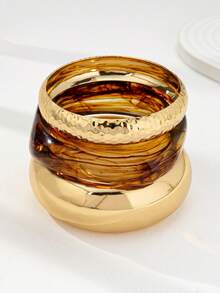 1 Resin Chunky Bangle And 2 Gold Metal Chunky Bangle Set, Stackable Bracelets For Women - Multicolor - View 2