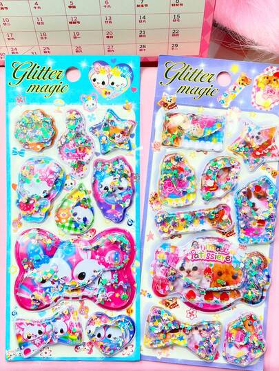 Colorful Glitter Shaker Stickers With Rabbit, Cat And Dog Patterns, Glitter Confetti Effect Decorative Stickers For Planner, Notebook, Computer Decor And Children's Party Favors. Home Room Decor, Party Decoration, Birthday Gift, Various Holiday Gifts, Fashionable And .