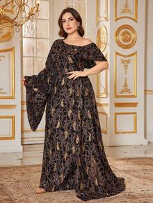 SUPGIR 【随机花卉图案】露肩派对连衣裙，饰有亮片刺绣、喇叭袖和缎带下摆 - 黑色 - 查看 1