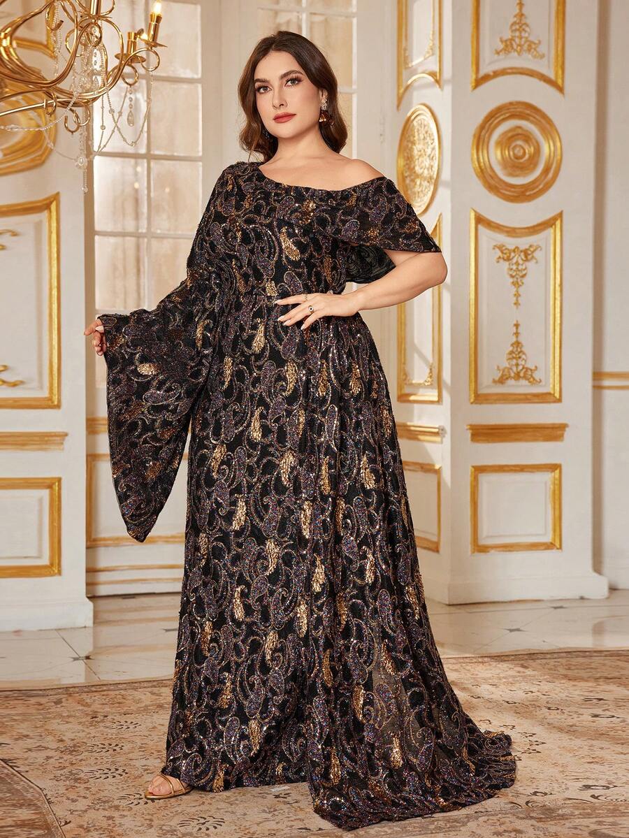 SUPGIR 【随机花卉图案】露肩派对连衣裙，饰有亮片刺绣、喇叭袖和缎带下摆 - 黑色 - 查看 1