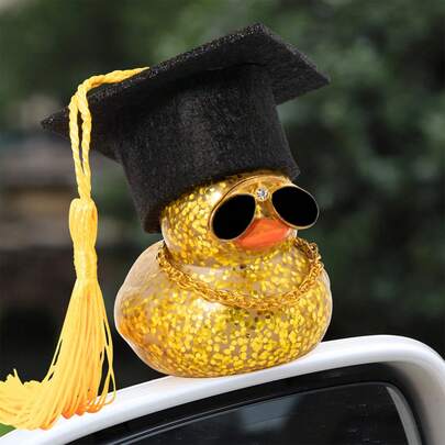 Graduation Cap Colorful Duck Ornament For Car Dashboard, Car Duck Decor With Mini Graduation Cap Necklace And Glasses