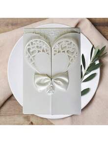 1/5/10pcs Elegant Shiny Powder Invitation Cards, Heart-Shaped Bow Hollow-Out European Style Gilded Personalized Shiny Powder Greeting Cards, Suitable For Wedding Anniversary, Bridal Shower, Engagement Party And Anniversary Dinner Invitations - Multicolor - View 2