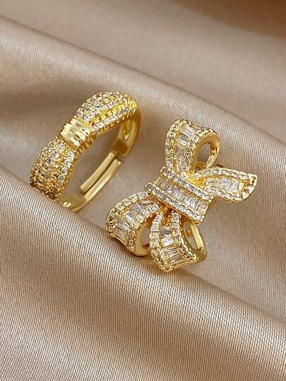 18K Gold Plated Anti-Fading Elegant Adjustable Ring Set, For Women Ladies, Gifts For Mom, For Daily Wear, Weddings, Gala, Suitable For Daily Life, Parties, Dates, Beach, Mother's Day Gift, Valentine's Day Gifts, Spring, Wedding Supplies, Summer Accessories