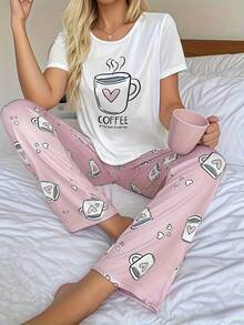 Only One T-Shirt Women's Coffee Short Sleeve Sleepshirt Nightclothes With Coffee Cup & Heart Print, Soft Breathable Top For Summer Casual Nightwear - 白色 - 查看 4