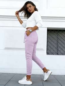 Women's Pink Drawstring Denim Jogger Jeans With Pockets Medium Stretch Casual & Cute For Spring Outfits - Lilac Purple - View 4