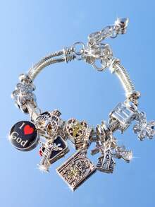 1件耶稣十字架宗教手链，圣经十字架DIY手链，宗教心形樱花手链，十字架天使心形手链 - 銀色 - 查看 2