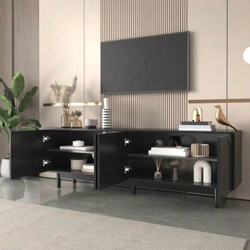 Modern Black TV-Schrank – 175 X 38 X 56 Cm, Verstellbare Einlegeplatten, Leichte Lowboard-TV-Möbel Im Luxussti - Black - View 1