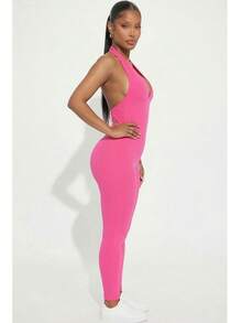 Women's Rib Knit Halter V-Neck Bodycon Jumpsuit - Casual Solid Color, Slim Fit Summer Jumpsuit, Polyester, Machine Washable - Berry - View 2