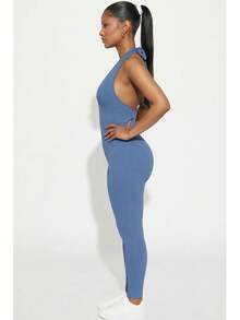 Women's Rib Knit Halter V-Neck Bodycon Jumpsuit - Casual Solid Color, Slim Fit Summer Jumpsuit, Polyester, Machine Washable - Blue Haze - View 2
