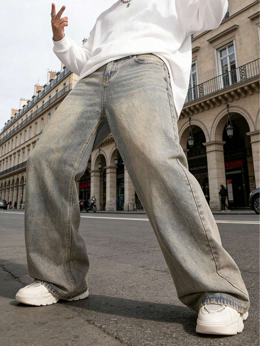 Men's Baggy Vintage Casual Jeans Hip Hop Oversized Denim Pants Classic Comfort Dance Jean - 灰色 - 查看 1