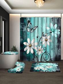 [Rustic Shower] 4pcs Rustic Farmhouse Shower Curtain Set Farm Teal Daisy Floral Bathroom Set With Non-Slip Rugs, U-Shaped Mat, Toilet Seat Cover, Machine Washable Shower Curtain With 12 Hooks, Country Wooden Design With Flowers And Butterflies - A - View 6