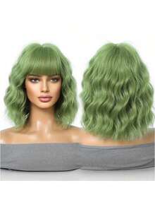 Perruque élégante bouclée courte pour femmes - cheveux synthétiques au look naturel, polyvalente pour toutes les occasions. Perruque bouclée ondulée courte de 12 pouces blanc/rouge clair/rouge/vert clair avec frange. Cheveux synthétiques doux et naturels parfaits pour les débutants et diverses occasions. Fibre résistante à la chaleur pour le cosplay, le style anime, avec un bonnet rose. Idéal pour les fêtes et événements des femmes, accessoire de cheveux anime - Herbe verte - Voir 3