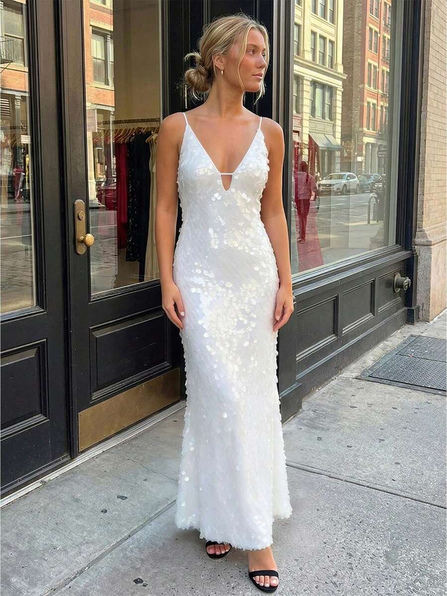 Women's Summer Long Dress Elegant Sleeveless Deep V Neck Spaghetti Strap Sequin Dress For Party Date Night Wear - Ivory - View 1