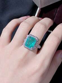 经典四爪方形绿色合成锆石戒指，独特设计，女士珠宝礼品 - 白色 - 查看 5