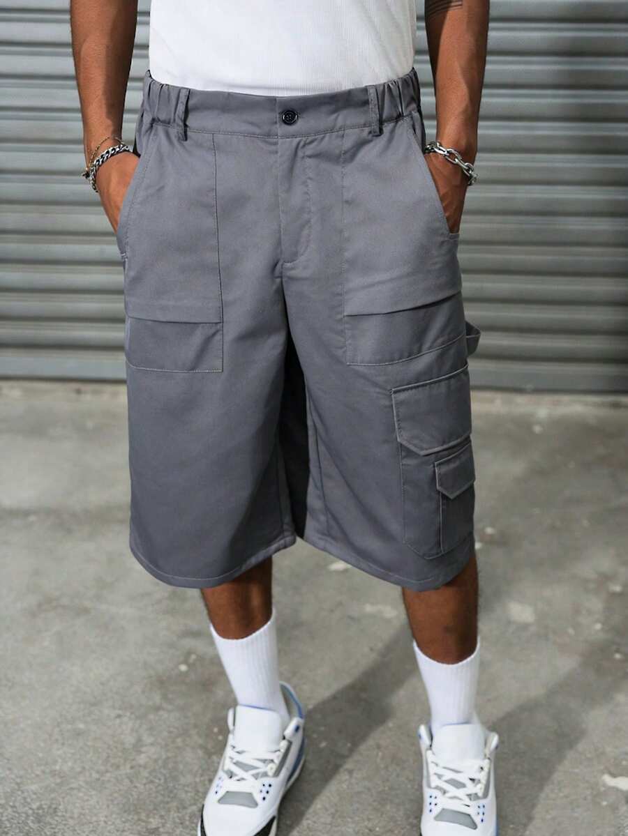 Pantalones cortos cargo grises para hombre, pantalones inferiores con múltiples bolsillos para exteriores - Gris Oscuro - Ver 1