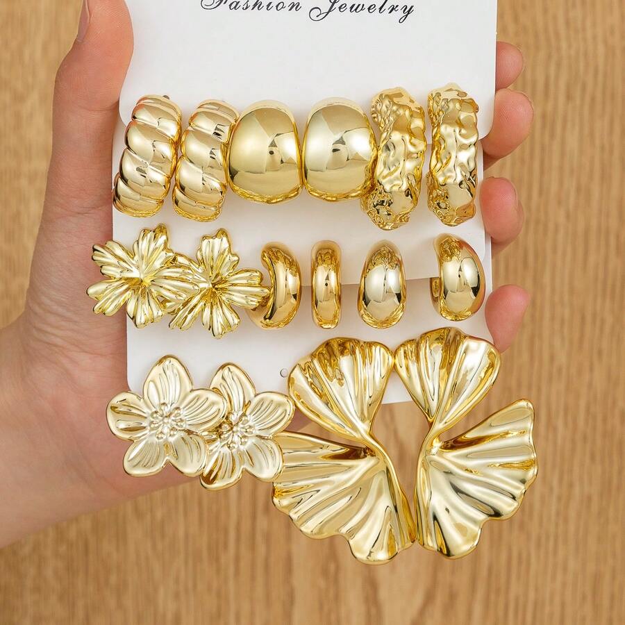 6-16件套时尚金属质感C形、花朵形、螺丝形耳环，适合女性日常、节日、派对佩戴，轻盈的CCB材质，女士时尚耳环套装 - 彩色 - 查看 1