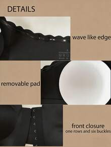 女士前扣式上托防滑抹胸文胸，纯黑色基础款抹胸文胸，可拆卸胸垫，隐形肩带，露脐上衣文胸，舒适无肩带无缝抹胸文胸，可拆卸胸垫，无钢圈文胸，透气舒适，女士内衣，超性感内衣上衣文胸 - 黑色 - 查看 9