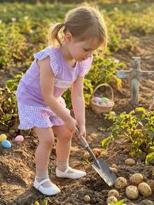 Girls 2 Piece Easter Outfits Short Sleeve O Neck Letter Embroidery Tops Plaid Shorts Sets - Purple - View 4