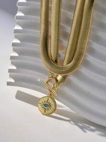 Nooxian 2pcs/Set Gold Jewelry Fashion New Gold Thick Flat Snake Chain Double-Layer Necklace Set With OT Clasp, Micro-Inlaid Devil's Eye & Geometric Pendant Necklaces For Women - Yellow Gold - View 4