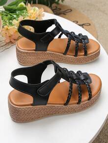 1 Pair Girls' Summer Roman Sandals, Fashionable Minimalist Hook And Loop Strap Solid Color Casual Thick Sole Non-Slip Open Toe Wedge Sandals - Black - View 5